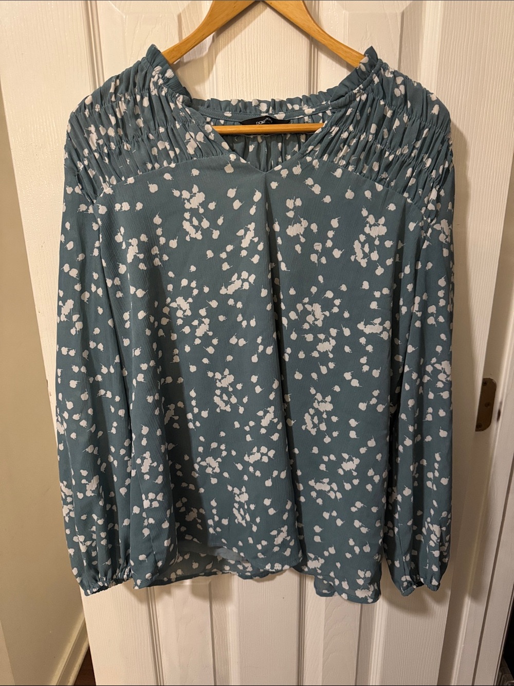 Amazon Teal Blue Smocked Yoke Long-Sleeve Blouse with White Dot Print